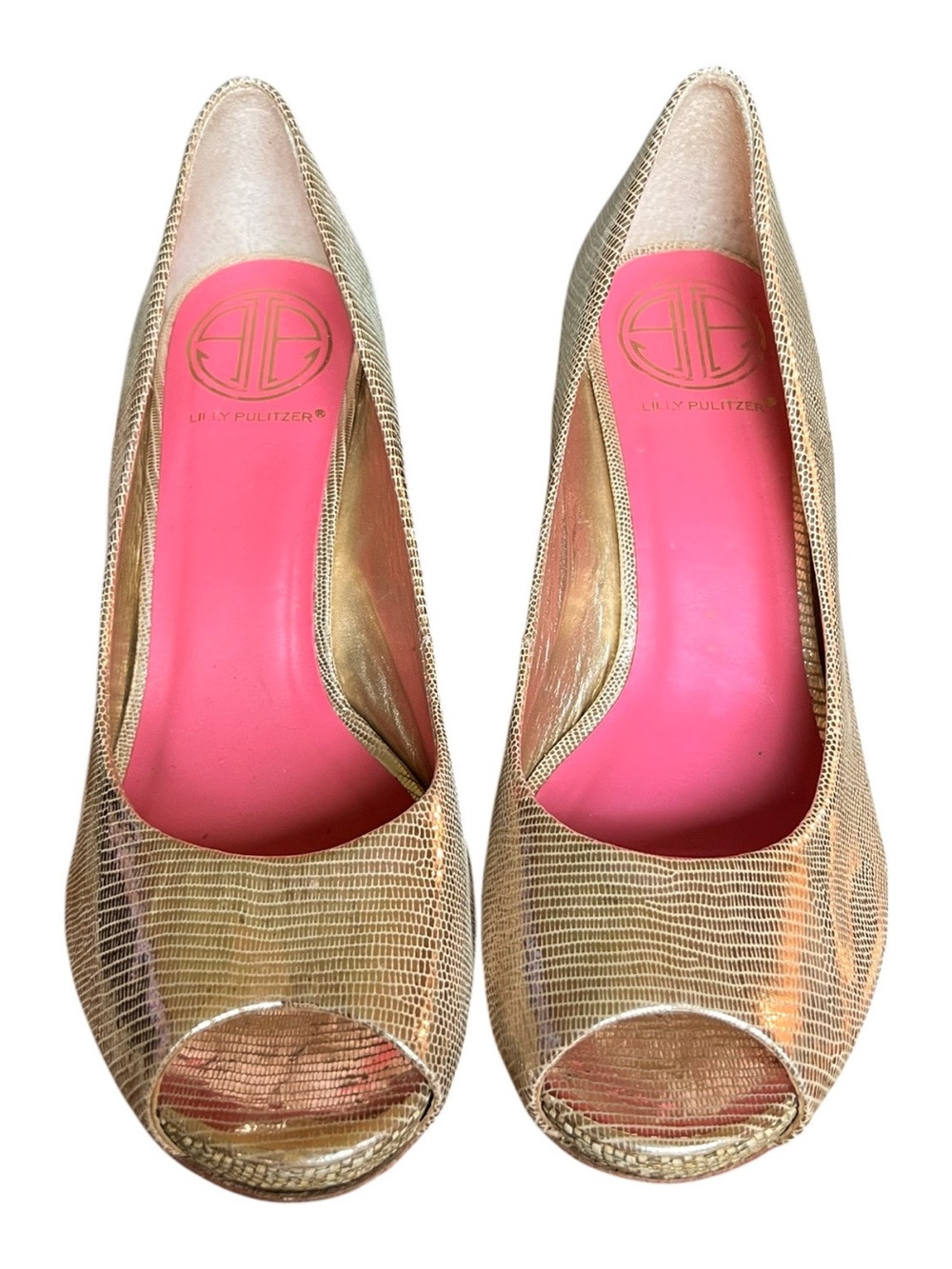 Lilly Pulitzer Gold Peep Toe Wedge Heels Size 8